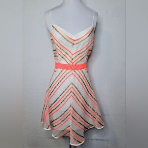Milly A Line Summer Spaghetti Strap Mini Dress Size 12 Silk Blend, White Orange